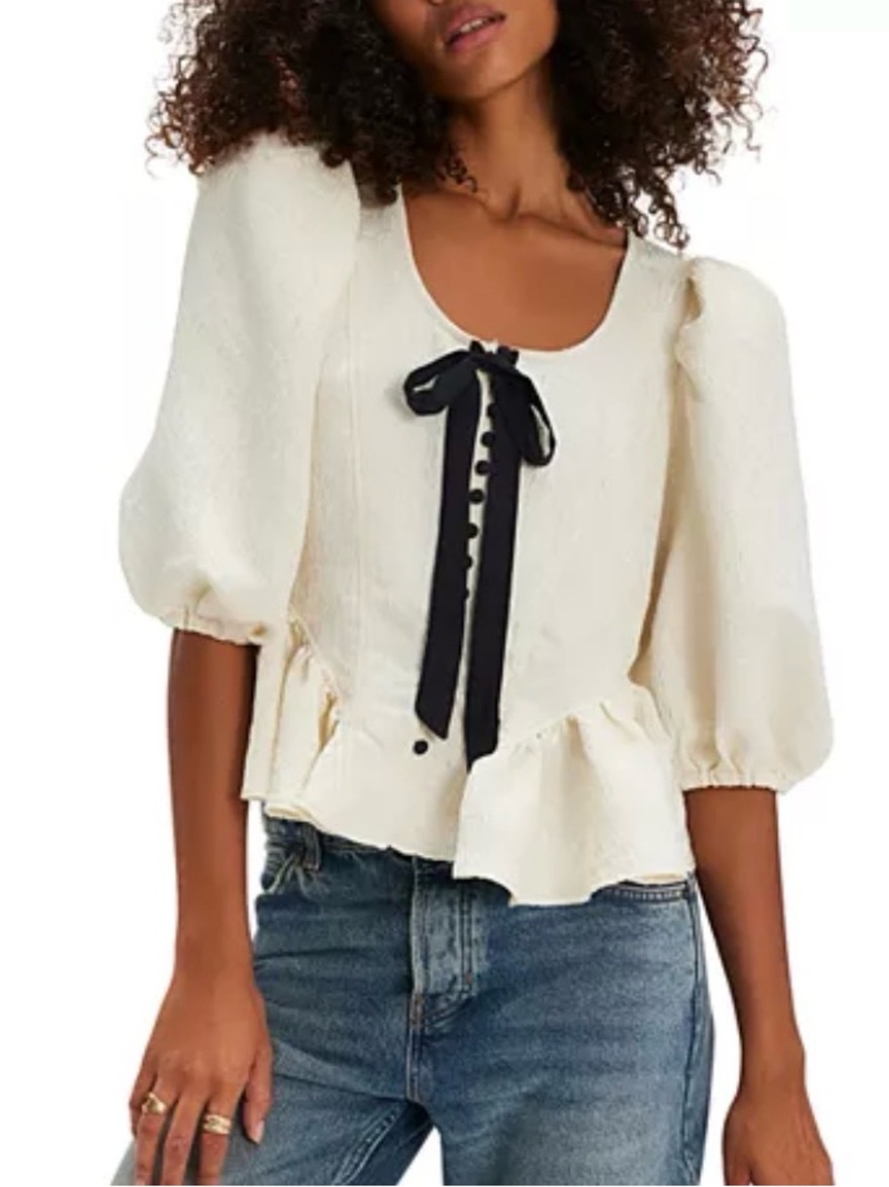 Free People Pamela Embroidered Bow Trim Top Medium